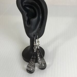 Retro Black Clear Teardrop Dangle Swirl Pattern French Wire Earrings